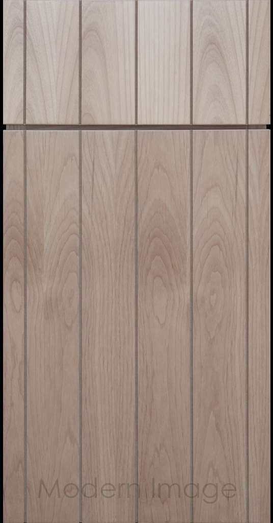 Front view of a Brooklyn style Grooved Flat Panel Cabinet Door and Drawer finished in Ghost-Matte Stain.